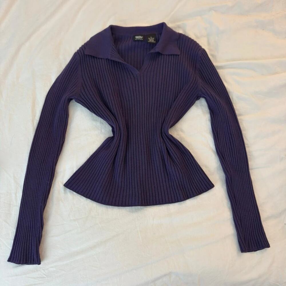 Purple Y2K ribbed long‎ sleeve collared top